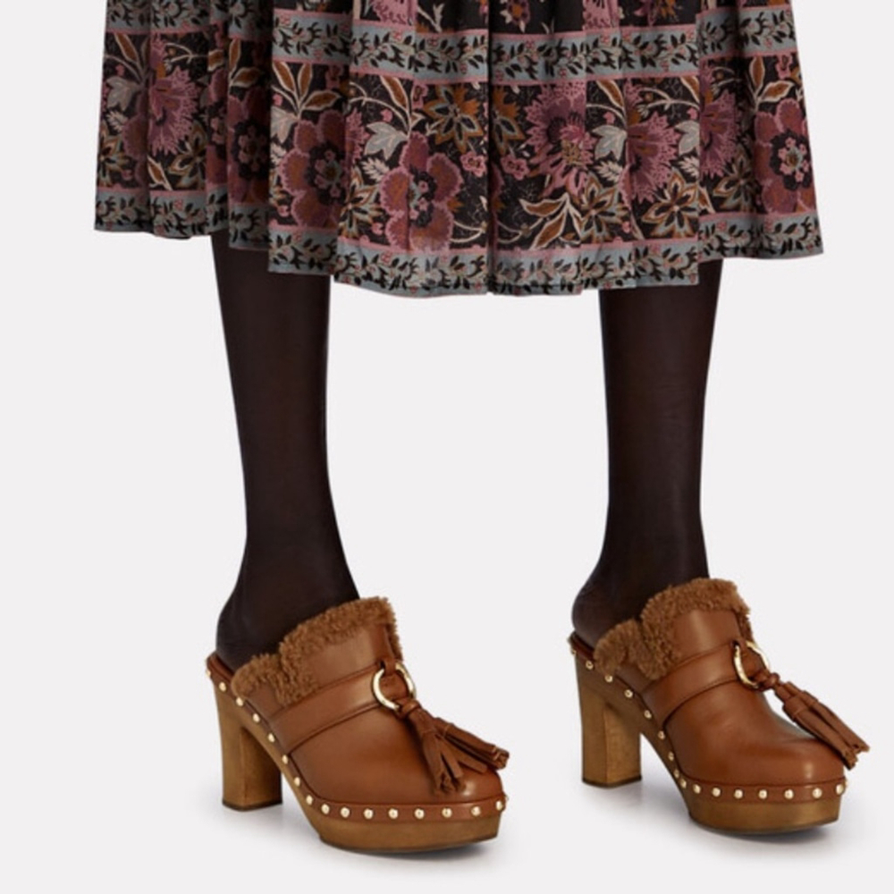 Ulla Johnson Vera Tassel Clogs in Brown Leather with Shearling Interior Sz 38.5